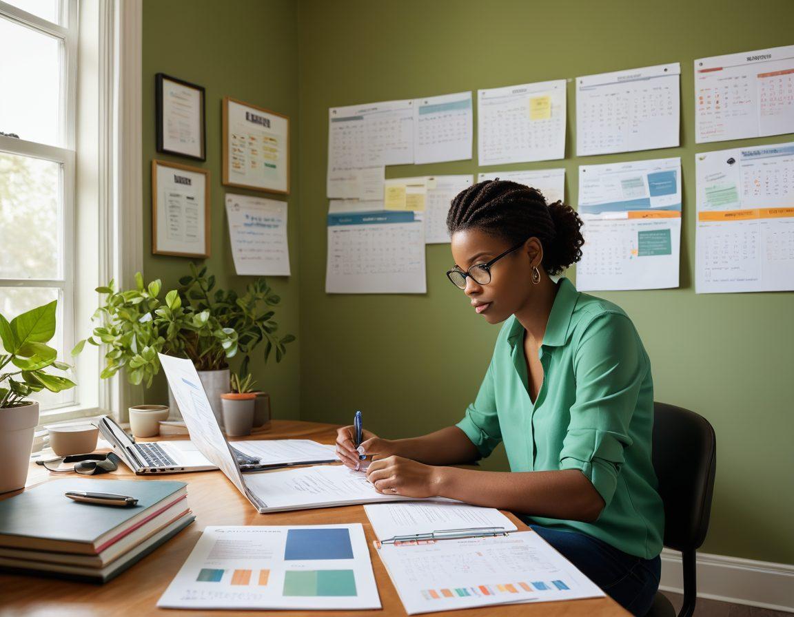 A visually engaging scene depicting a person at a desk, reviewing a polished resume, surrounded by interview prep materials like notebooks and a laptop. The background includes a wall adorned with motivational career growth quotes and a calendar showing upcoming interview dates. Natural light streams through a window, creating a warm, inviting atmosphere. The color palette features vibrant blues and greens to symbolize growth and opportunity. super-realistic. vibrant colors. bright background.