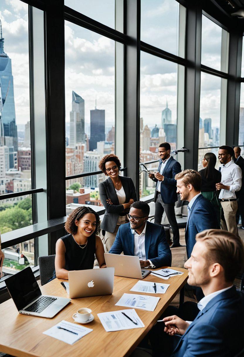 A diverse group of professionals engaged in dynamic conversation at a networking event, with city skyline visible through large windows, showing a blend of cultures and industries. Include elements of technology like laptops and smartphones, symbolizing modern networking, with a warm, inviting atmosphere. Emphasize expressions of enthusiasm and connection. super-realistic. vibrant colors. soft focus.