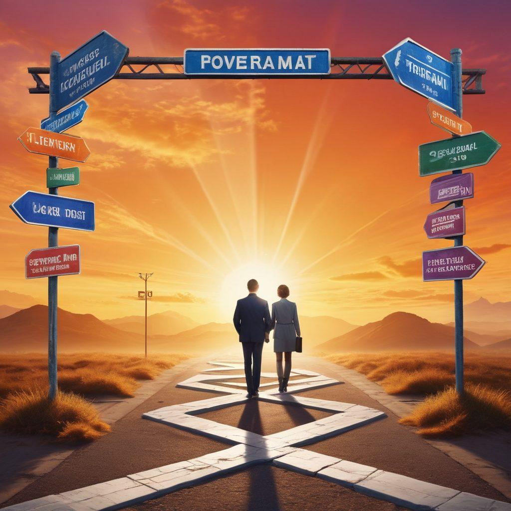 A person standing at a crossroads with various signs pointing to different career paths, each sign adorned with symbols of success like briefcases, diplomas, and climbing ladders. In the background, a sunrise symbolizes new beginnings, while a faint blueprint of a brain highlights the theme of unlocking potential. The atmosphere is motivational and aspirational. vibrant colors. super-realistic.